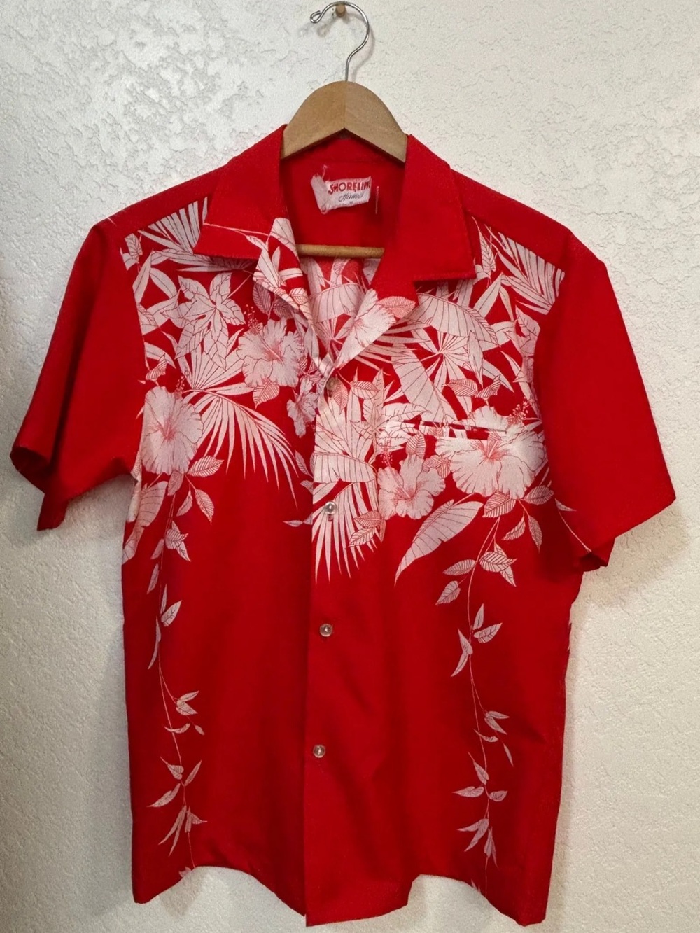 Shoreline Red Hawaiian Camp Shirt with White Tropical Floral Print Medium